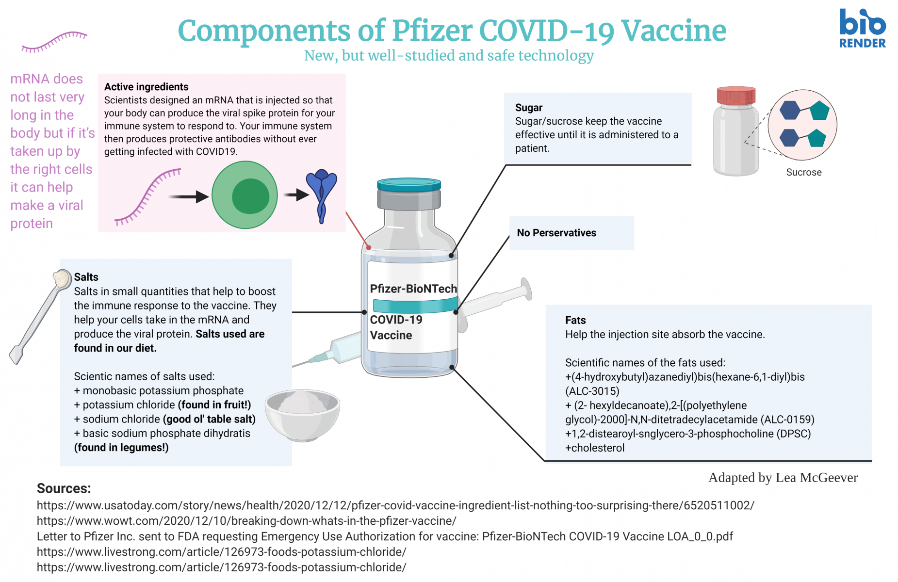 An infographic diagram of the Pfizer-BioNTech Covid Vaccine titled "Components of Pfizer COVID-19 Vaccine"