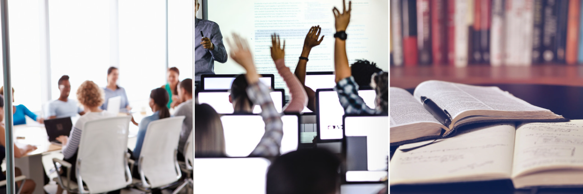 A conference room setting, a group of students raising their hands in a classroom, and a quiet study place.