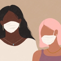 An artwork of two Black and Brown students wearing masks.