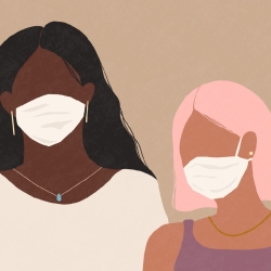 An artwork of two Black and Brown students wearing masks.